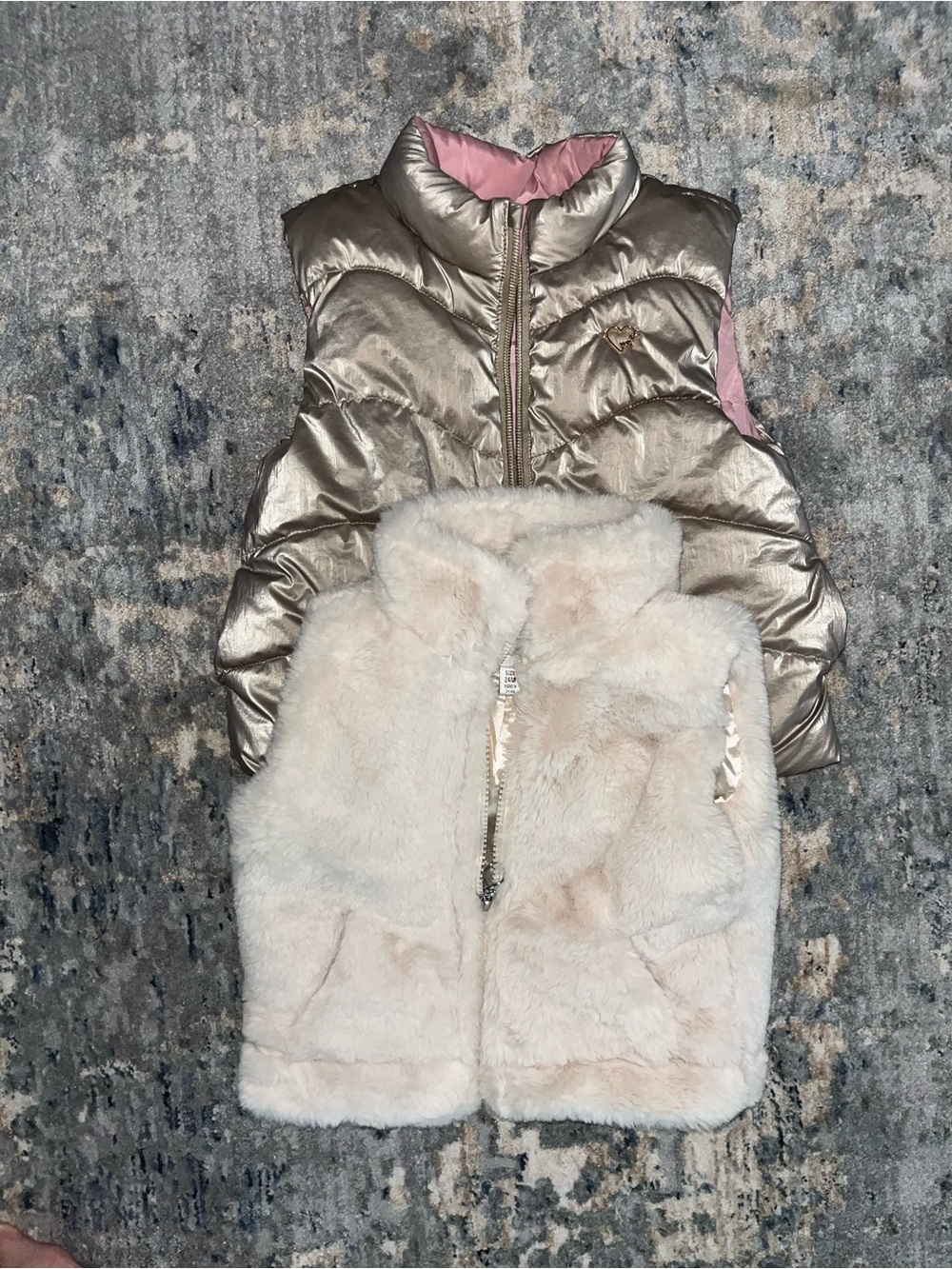 Mayoral Metallic Gold Puffer Vest and urban republic Cream Faux Fur Vest 24-2t